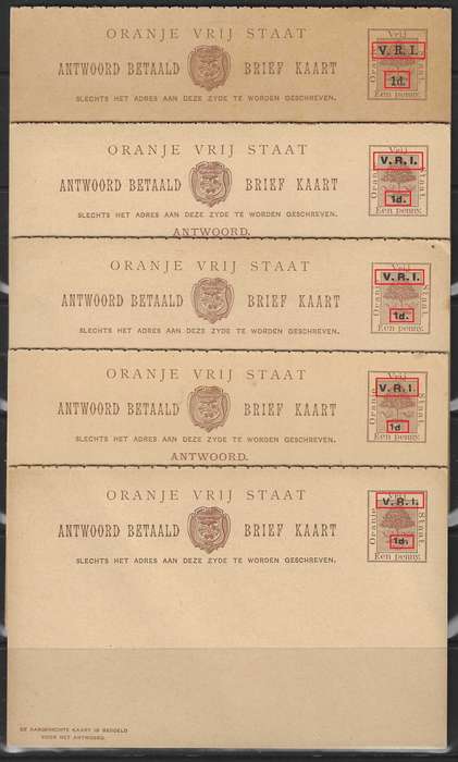 OFS 1900 1d V.R.I. ANTWOORD BETAALD BRIEFKAARTE 5 different `V.R.I.` overprints.