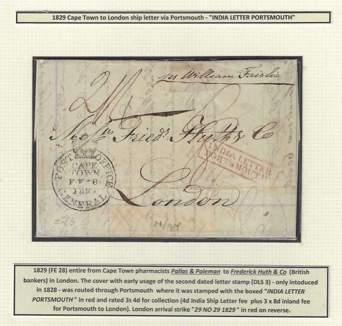 Cape 1829 (FE 28) scarce Cape Town/Portsmouth/London`INDIA LETTER PORTSMOUTH`ship letter.