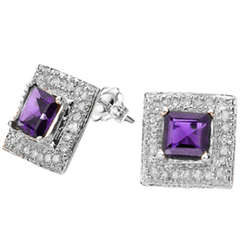 1.30cts Genuine Amethyst and 2 pcs White Diamond Earrings set in Genuine stamped 925 Sterling Silver