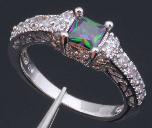 *Local Stock* 925 sterling silver filled Mystic Topaz victorian style ring with side AAA zircons