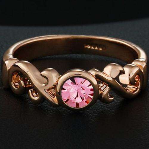 New 18K RGP rose gold dainty filigree style ladies ring with Pink Genuine Austrian crystal