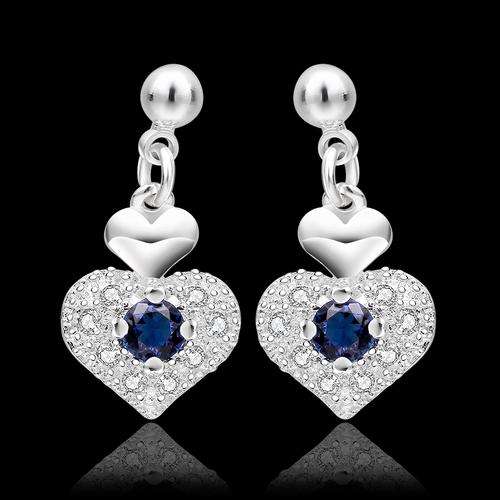 VALENTINES SPECIAL, 925 Sterling silver filled heart earrings with blue Austrian AAA crystals