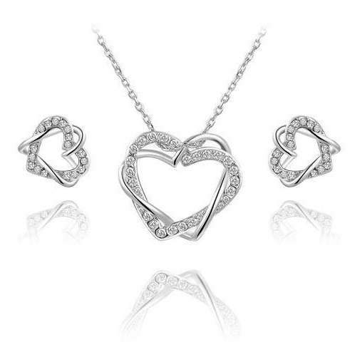 18K RGP in white gold, Ladies Heart earring and pendant set with Austrian crystals, Comes with chain