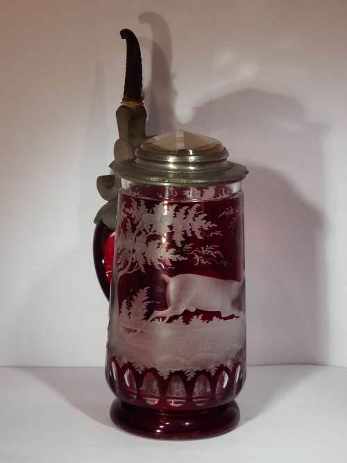 Exceptionally fine Austrian wheel engraved Ruby red glass Beer Stein circa 1860  1887.  Ref. GL-2