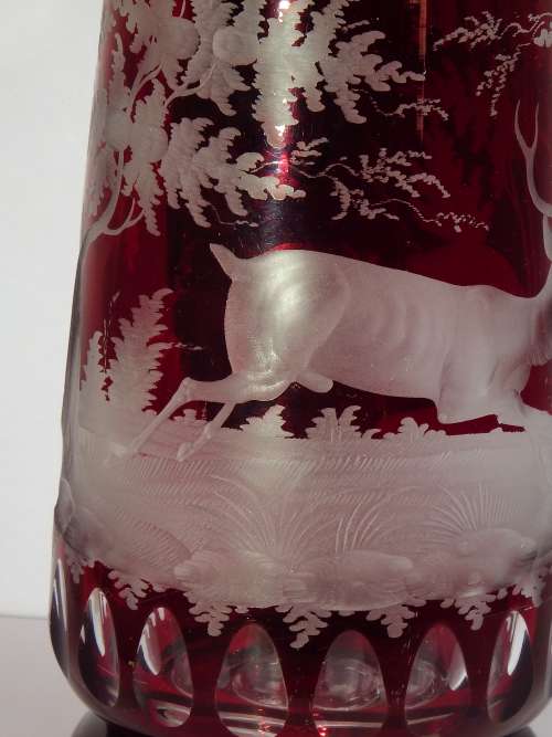 Exceptionally fine Austrian wheel engraved Ruby red glass Beer Stein circa 1860  1887.  Ref. GL-2