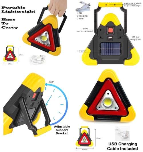 Solar LED MultiFunction Work Flood Light Red LED Emergency Warning Triangle. Collections Are Allowed
