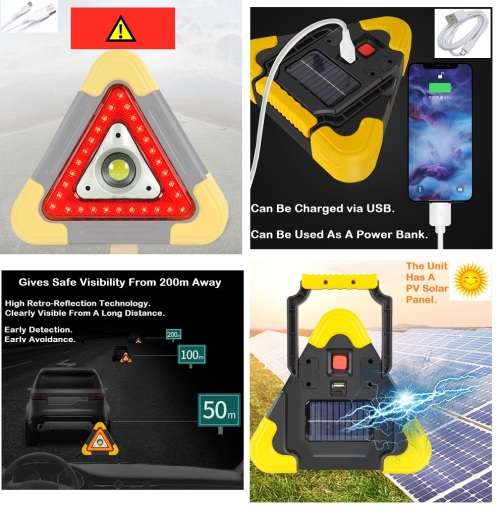 Solar LED MultiFunction Work Flood Light Red LED Emergency Warning Triangle. Collections Are Allowed