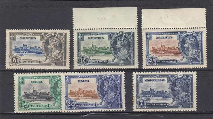 1935-SILVER JUBILEE ISSUES FINE MINT MALTA 12 AND 20c UMM-REST HAVE ODD TONE SPOT