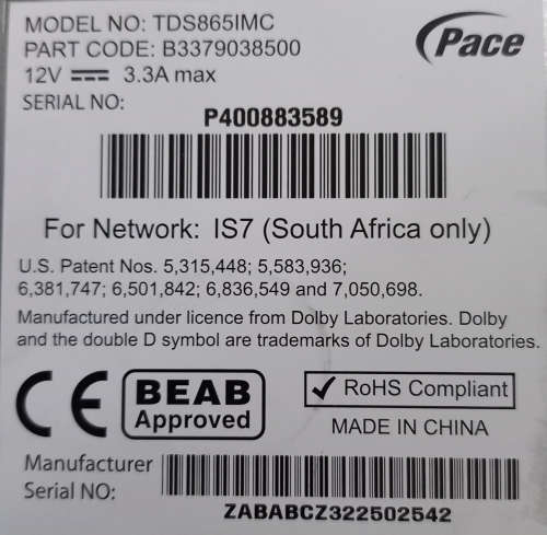DSTV Decoder Model TDS865IMC Including Remote & Charger Adapter