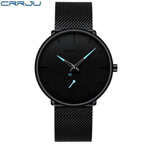 Crrju Mens Ultra Thin Black Stainless Steel Water Proof Watch