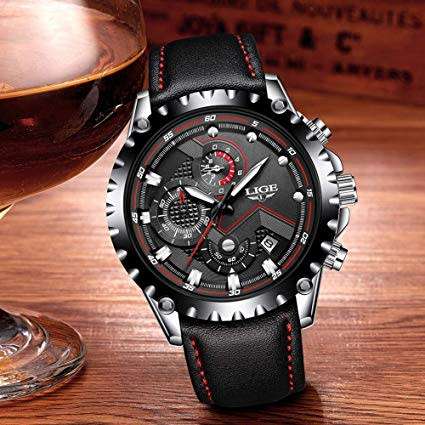 LIGE Waterproof Chronograph Sport Analog Quartz Leather Watch