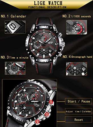 LIGE Waterproof Chronograph Sport Analog Quartz Leather Watch