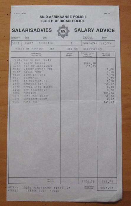 Original old SOUTH AFRICAN POLICE FORCE salary advice - Detective Warrant Officer - December 1986