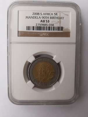 ** CRAZY R1 START ** NO RESERVE ** 2008 MANDELA 90TH BIRTHDAY R5 COIN ** AU53 ALMOST UNCIRCULATED **