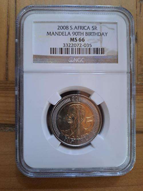 ** CRAZY R1 START ** NO RESERVE ** 2008 MANDELA 90TH BIRTHDAY R5 COIN MS66 **