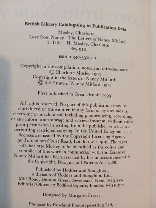 The Letters of Nancy Mitford, Love from Nancy edited by Charlotte Mosley, Hardcover