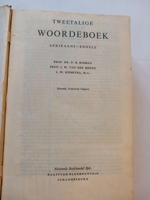 Tweetalige Woordeboek, Bosman, Van Der Merwe, Hiemstra. Sewende Uitgawe, Tweede Druk 1969