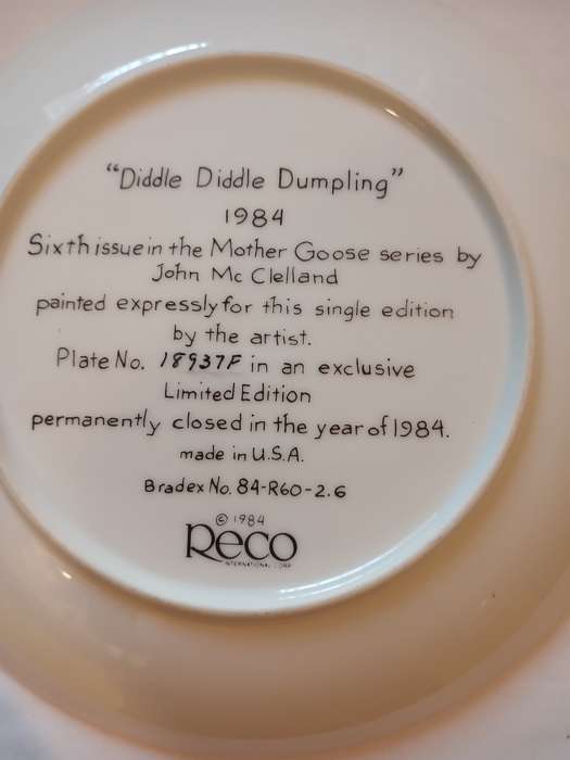 Porcelain Plate, John Mc Clelland, `Diddle Diddle Dumpling`, No. 18937F, 1984