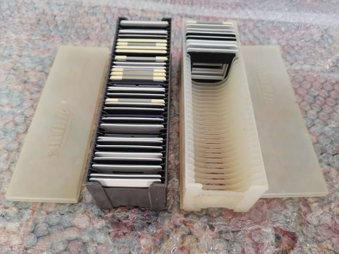 2 SLIDE TRAYS WITH 44 ASSORTED FRAMES