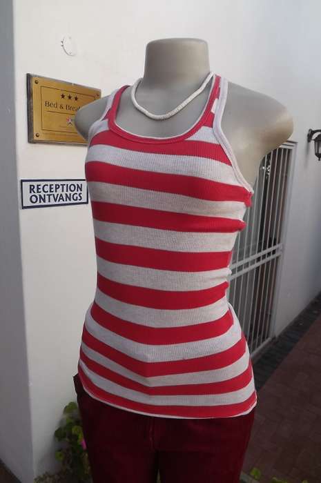 Vest type long top in crimson and light grey horizontal stripes.Size 32/8.As new.