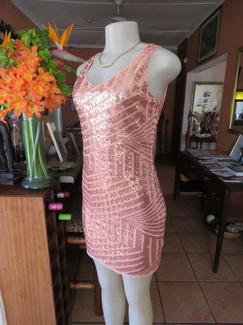 Slinky sequined number in pale peach colour in 34/10.In 100% stretch polyester.Bodycon style.New.