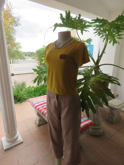 MARVIWIN slip over mustard- white polkadot cropped top by `MARVIWIN` in size 32.