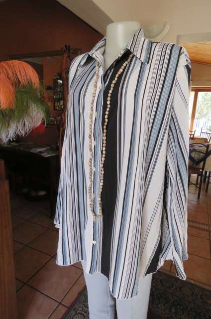 'Donatella' vertical striped long sleeve top in size 48/24 with some permanent pleats.