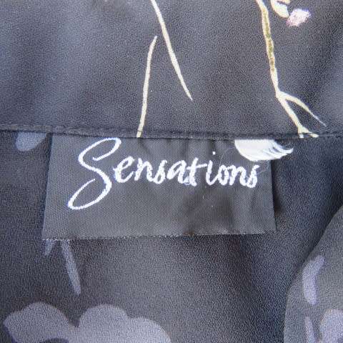 Pretty black sheer polyester long sleeve top with lilac,grey and green flowers. Size 42/18.Good cond