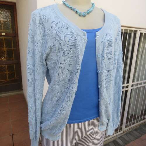 Stunning lace knit pattern button down cardigan in light blue. Size 36/12 by IB DIFFUSION.