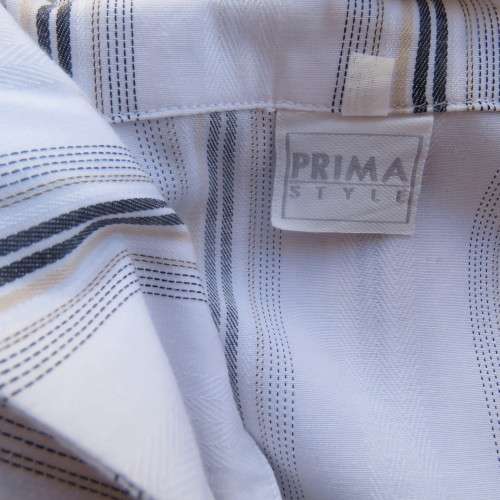 White extra long top with brown,mustard and white embossed vertical stripes. Size 42/18 by PRIMA.