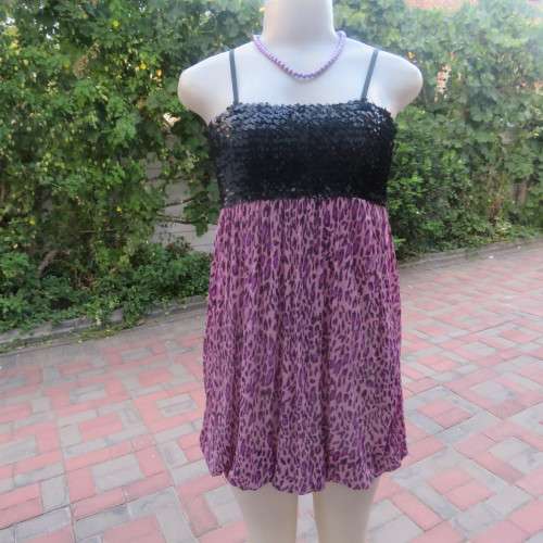 Evening dress with black stretch sequins top and violet/pink animal print balloon skirt size 32/8