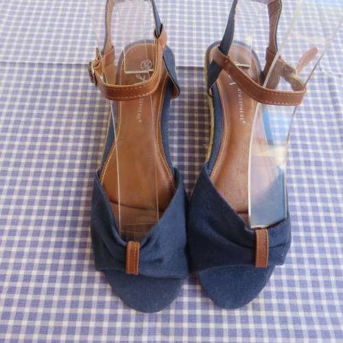 Pair of blue denim sandals with tan colour straps. Sisal low heels by ATMOSPHERE in size 5.