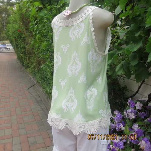 Cool mint green slip over sleeveless top richly decorated with cotton lace.Size 36/12 +.As new