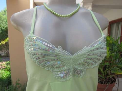 Sweet lime colour strappy top in stretch cotton with sequin butterfly on front.Size 32/8. New cond.