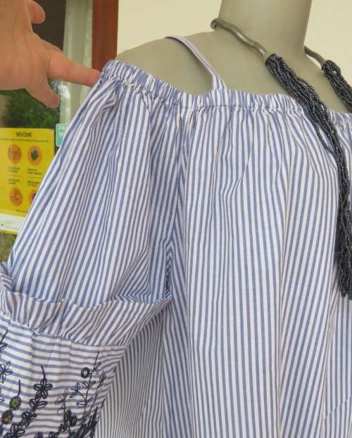 Amazing long blue/white striped top.Navy floral embroidery.Off the shoulder neckline.DONNA 44/20