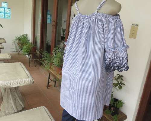 Amazing long blue/white striped top.Navy floral embroidery.Off the shoulder neckline.DONNA 44/20