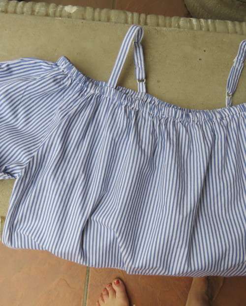 Amazing long blue/white striped top.Navy floral embroidery.Off the shoulder neckline.DONNA 44/20