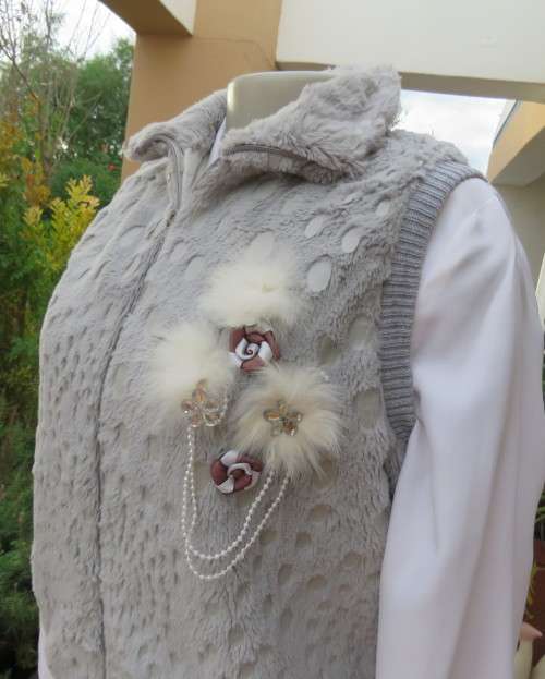 Warm,cozy silver grey fluffy polyester zip-up lined waistcoat.High neckline.Size 36 to 38.As new