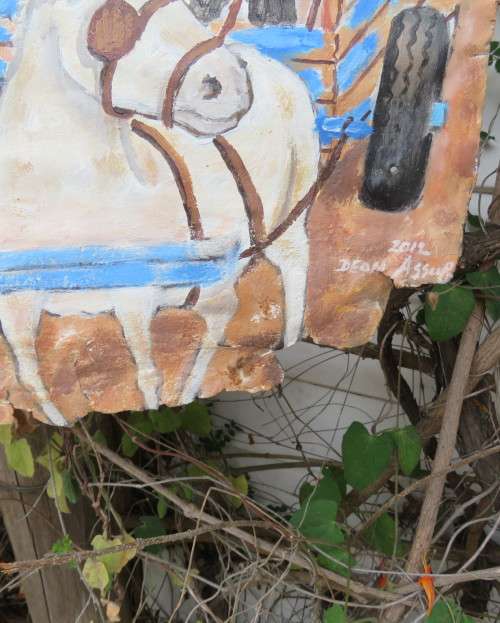 Unique decorative junk art by artist DEON ASSUR 2012 of donkey cart/donkeys on rusted metal.