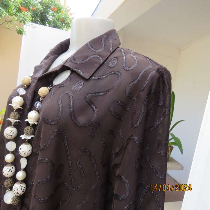 SECRET NZ short sleeve brown sheer top with silver-brown twirl decorations. Size 42