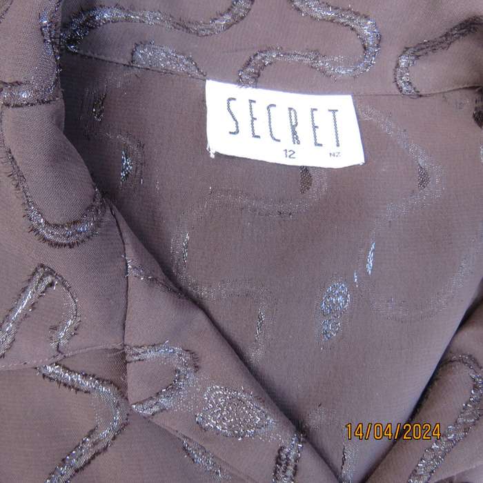 SECRET NZ short sleeve brown sheer top with silver-brown twirl decorations. Size 42