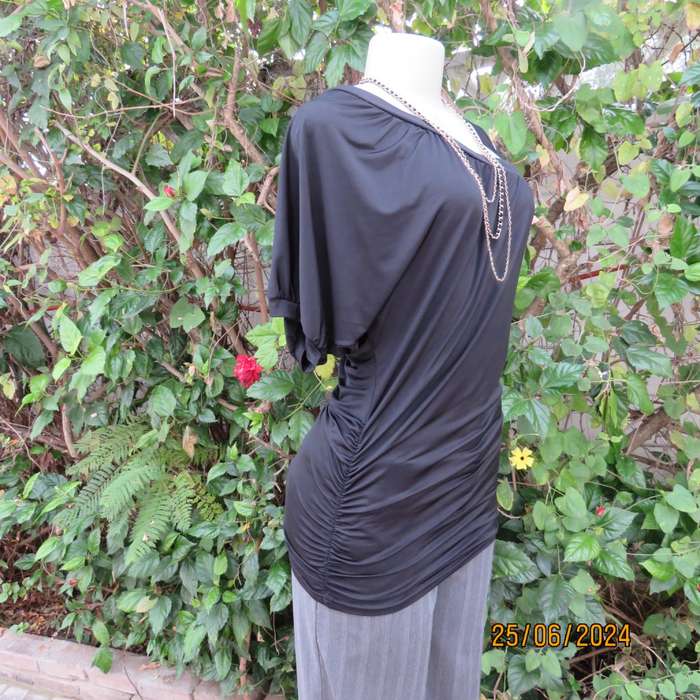 WWW black poly stretch long top. One short cut-on sleeve/and 3 thin shoulder straps.Size 36