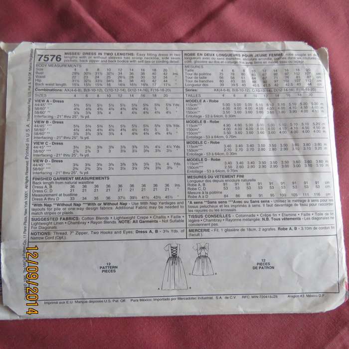 Sewing pattern for dress with amazing back detail by McCalls 7576. size 32 to 36. New condition