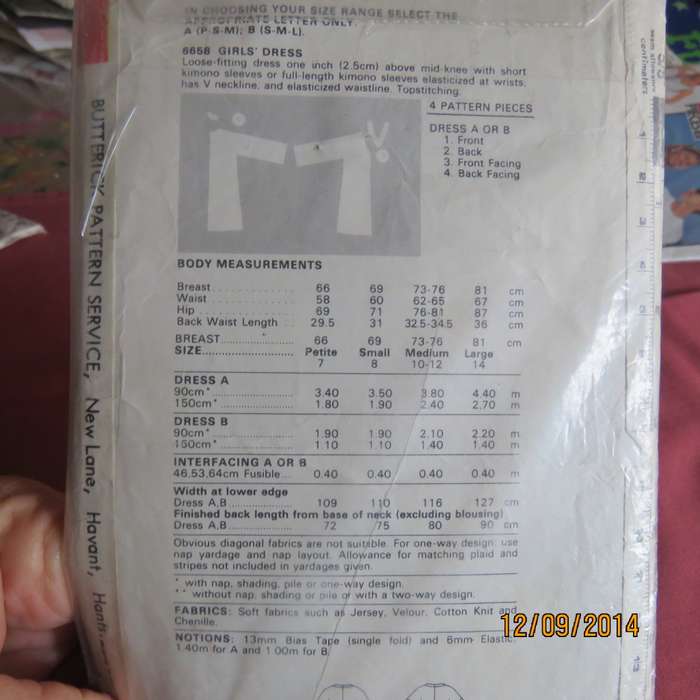 BUTTERICK  sewing pattern 6658 for 7 to 12 yr old girl. Easy to make 4 pieces dress.