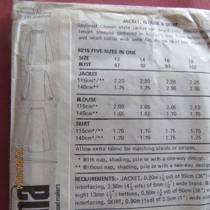 Sewing pattern by NEW LOOK 6215 for Chanel style jacket blouse and skirt. Good condition