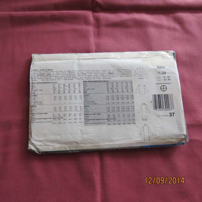 SEE & SEW sewing pattern 5204 for dress and jacket in size 32 to 36. New condition.