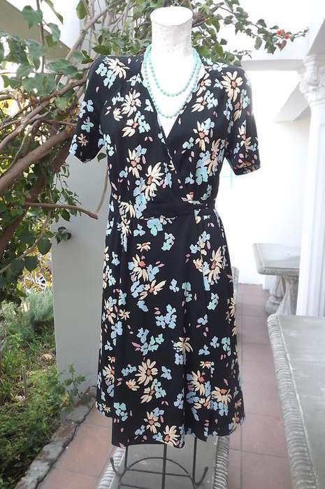 Vintage Julie Whyte Black Floral Fold Over Dress from their "Young Ideas" Range -will fit size 10/34