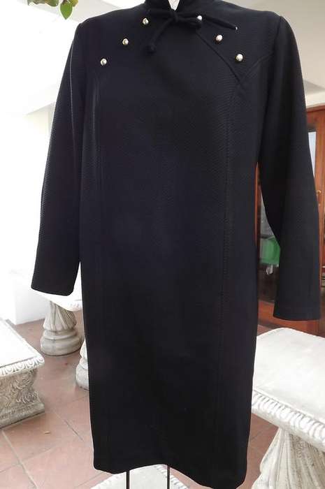 Black Vintage Crimplene Dress with High Neck in size 12/36 by Miladi not Milady's