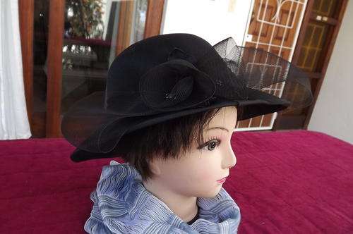 Black 80's Vintage Small Brim Hat with Decoration at Back - as new condition