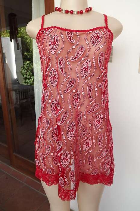 Very Sexy Sheer Red Nighty with White Designs and some Glitter in size 8/32 - very good condition